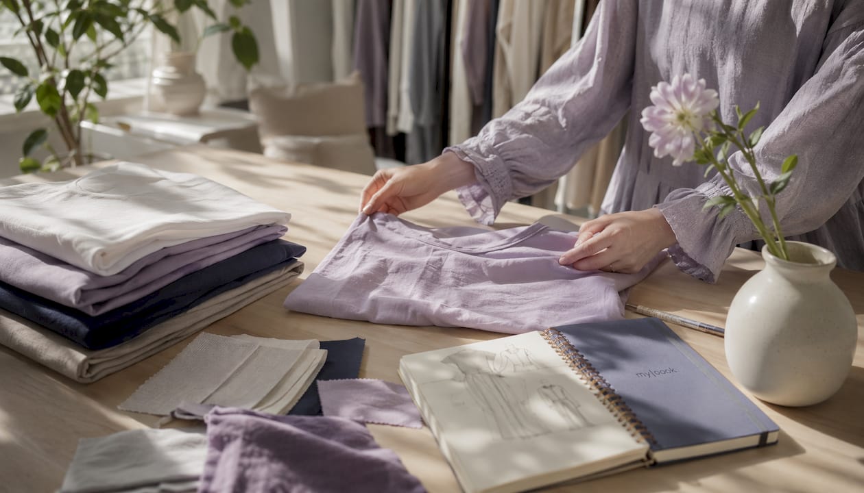 Hände präsentieren zeitlose Basics für Damen aus nachhaltigen Materialien.
