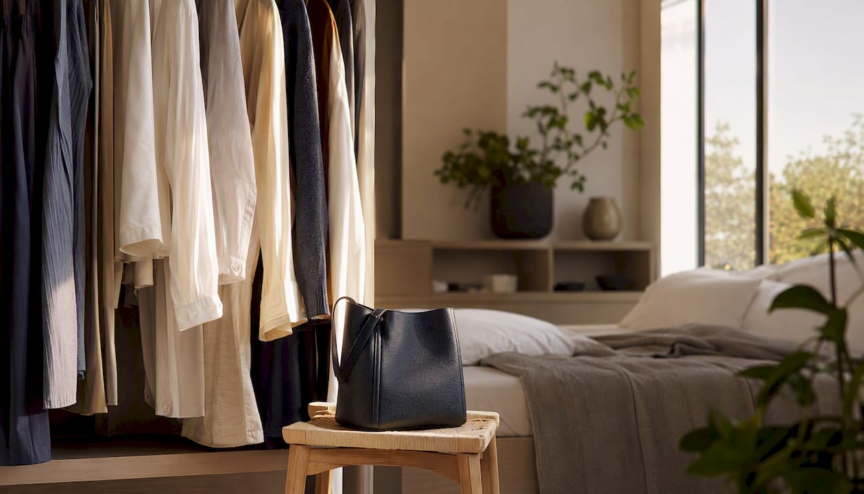Ein Kleiderschrank, der mit hochwertigen Basics und einer stilvollen Ledertasche immer aktuell bleibt.
