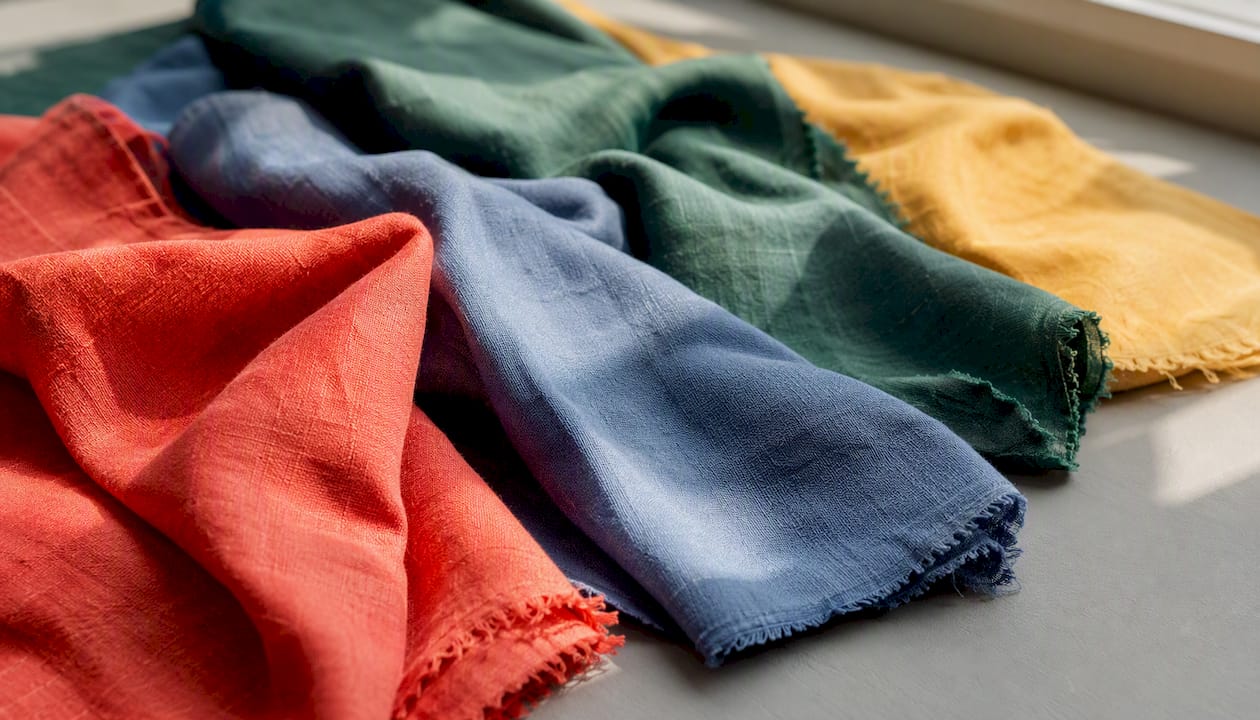Detailaufnahme von nachhaltigen Stoffmustern in angesagten Farben.