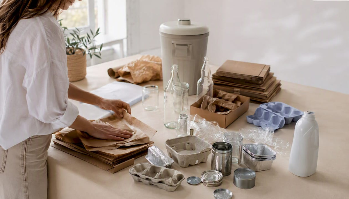 Mit den Händen werden umweltfreundliche Verpackungsmaterialien sorgfältig sortiert.