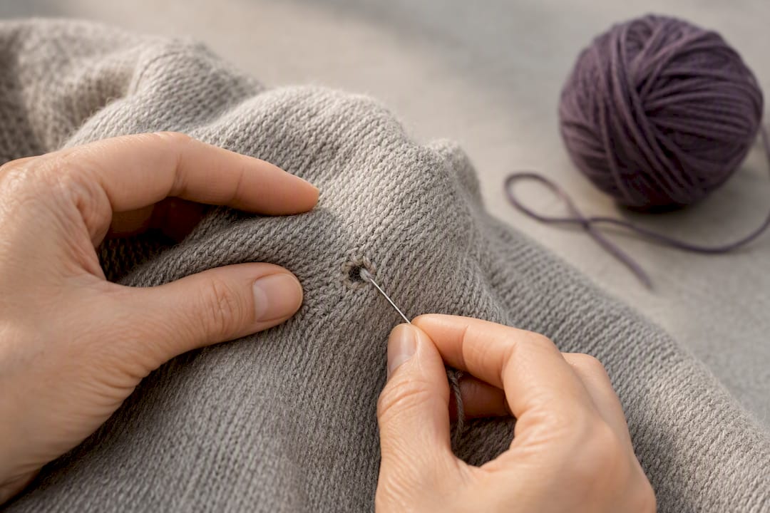 Hände beim Stopfen eines Stricklochs nach Schweizer Art