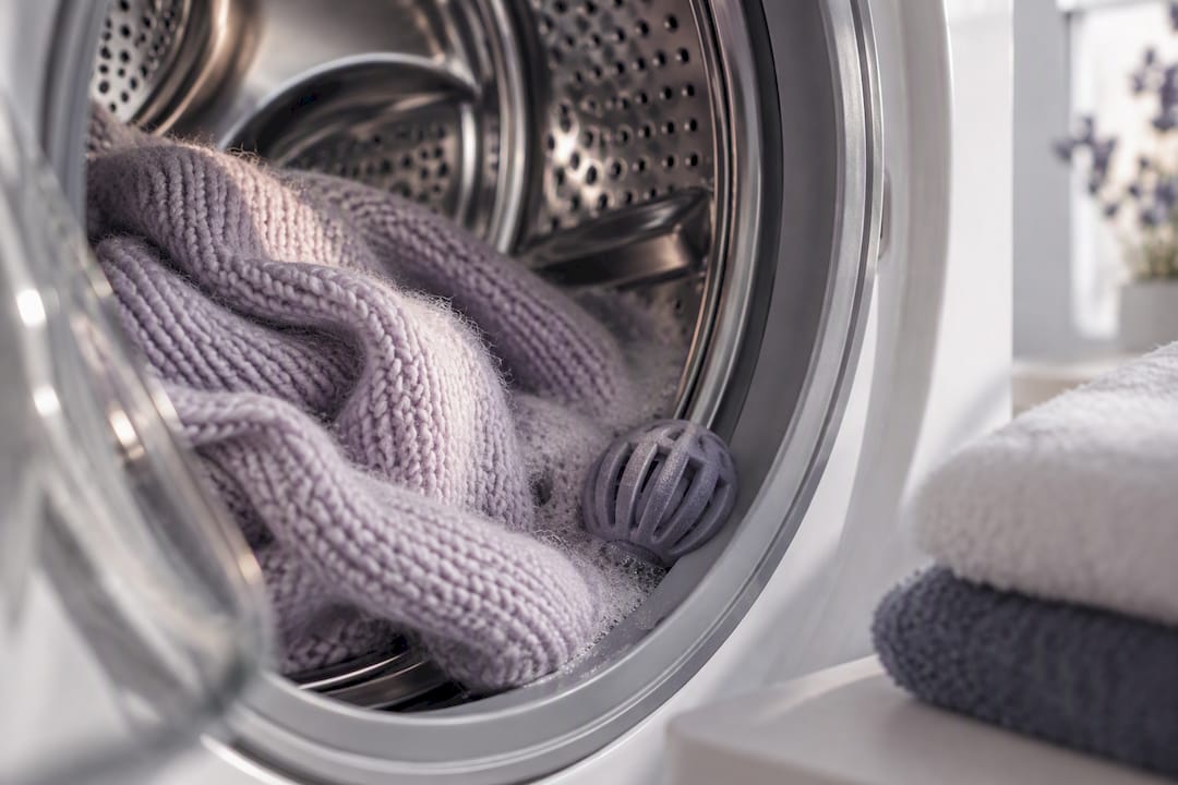 Das Wollstrickteil wird schonend in der Maschine gewaschen.