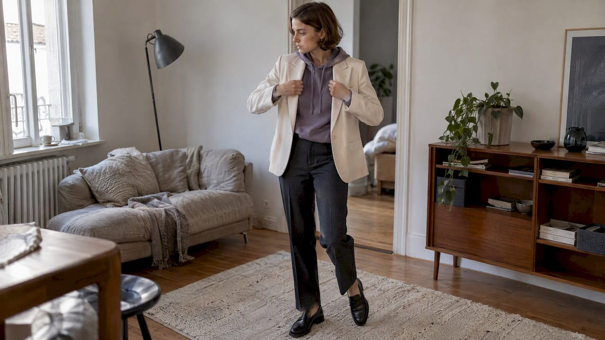 Frau verbindet Hoodie mit Blazer und Stoffhose