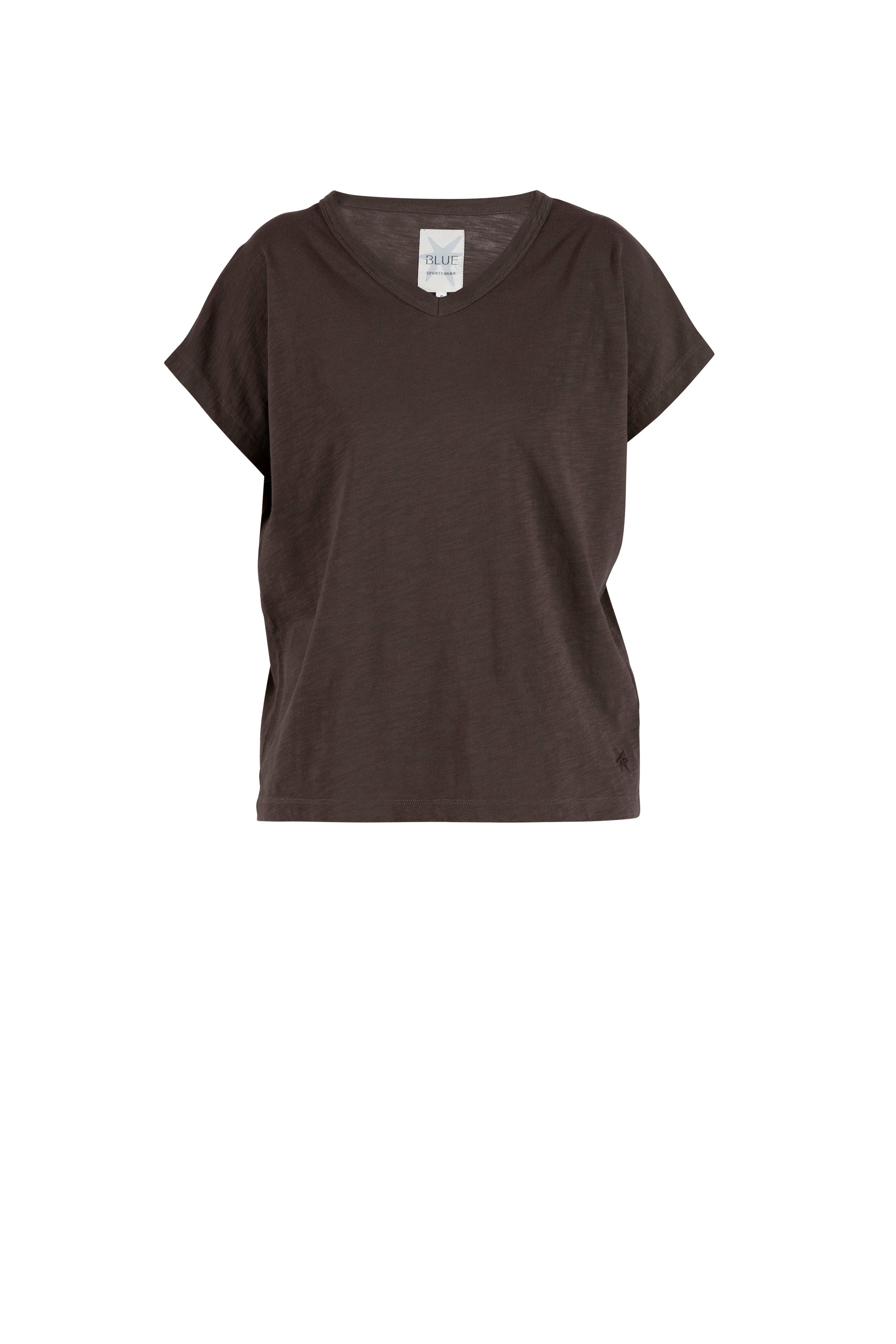 Lydia Flamé Tee Blue Sportswear in Coffee, Frontansicht mit V-Ausschnitt und strukturierter Flamé-Oberfläche #farbe_coffee