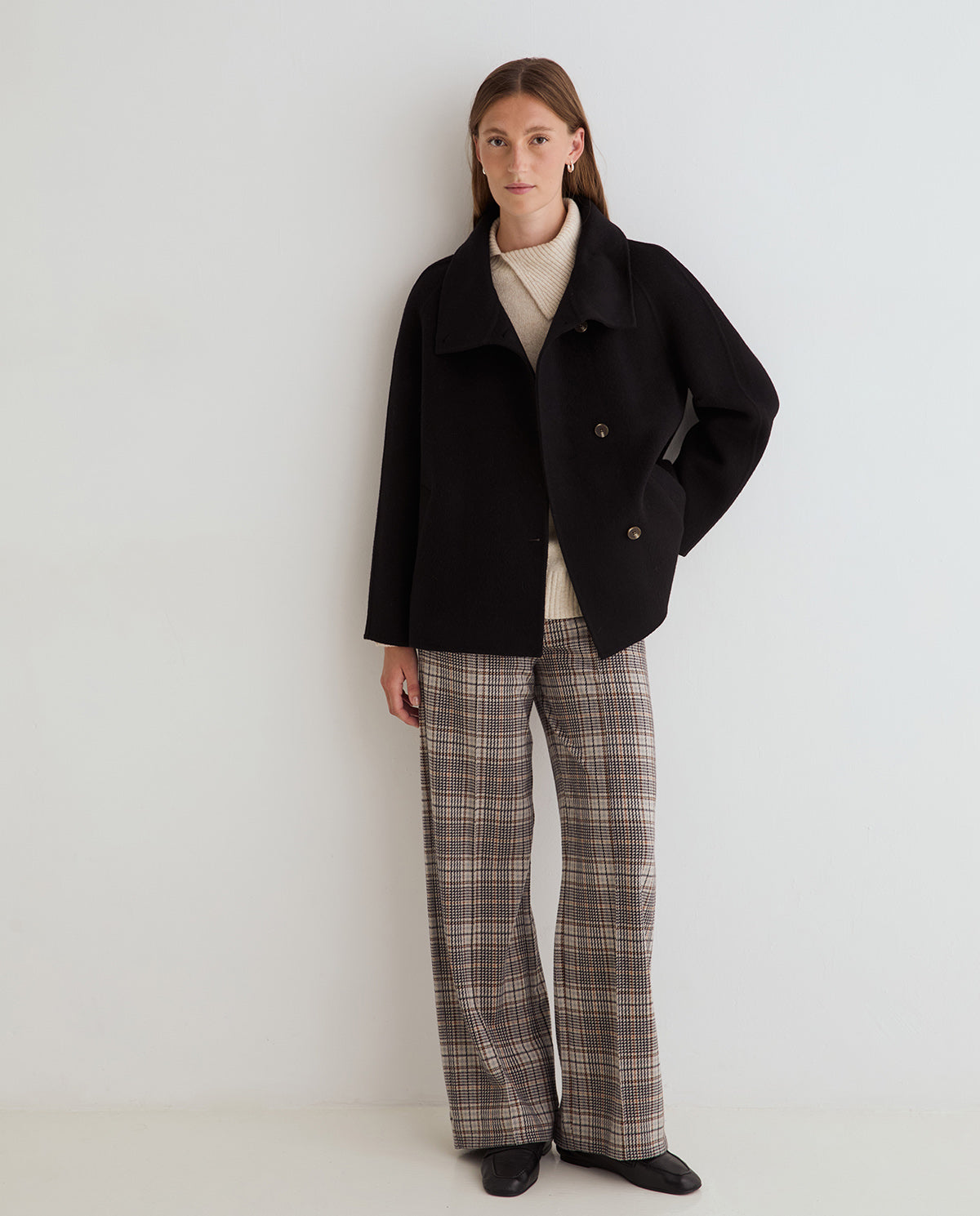 Weite Hose mit großem Karomuster in Beige
