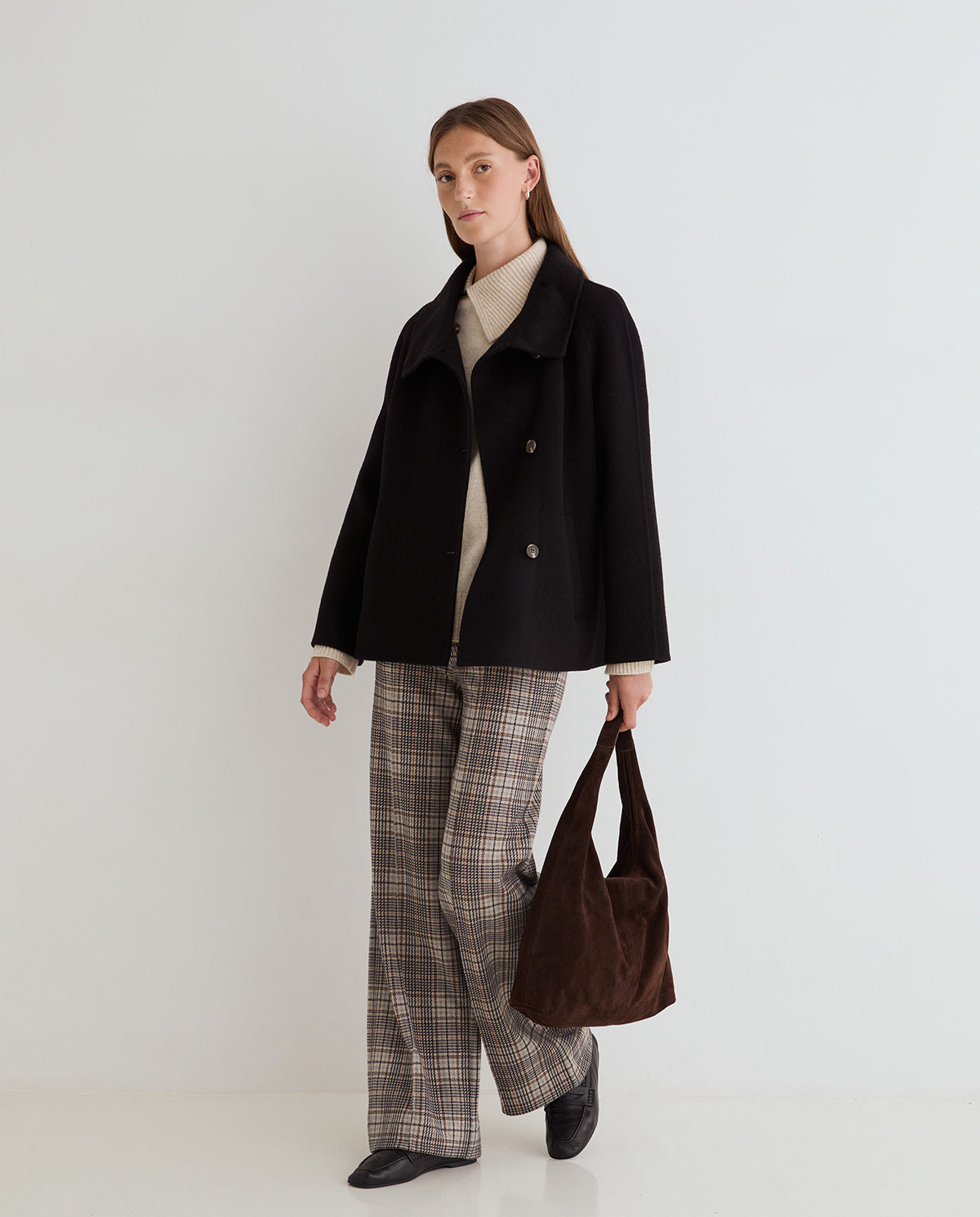 Weite Hose mit großem Karomuster in Beige