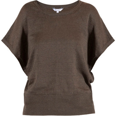 Laila Leinen Shirt in Coffee, Frontansicht freistehend, unifarbene Variante mit Rippabschluss #farbe_coffee